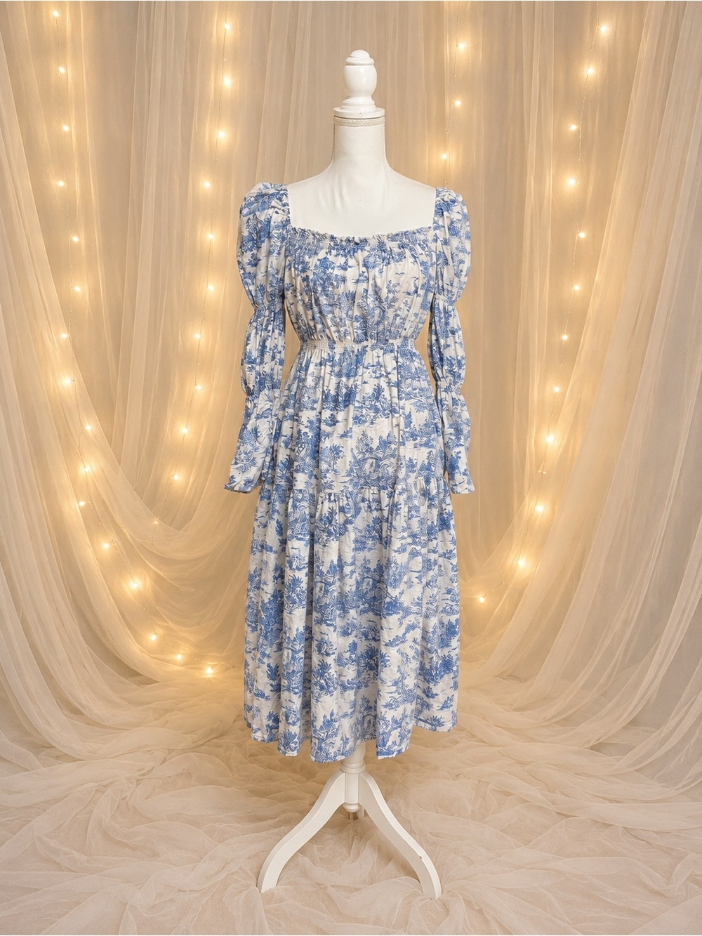 Nothing Fits But Blue Toile Linen Blend Cottagecore Prairie Midi Dress L/XL Kiko